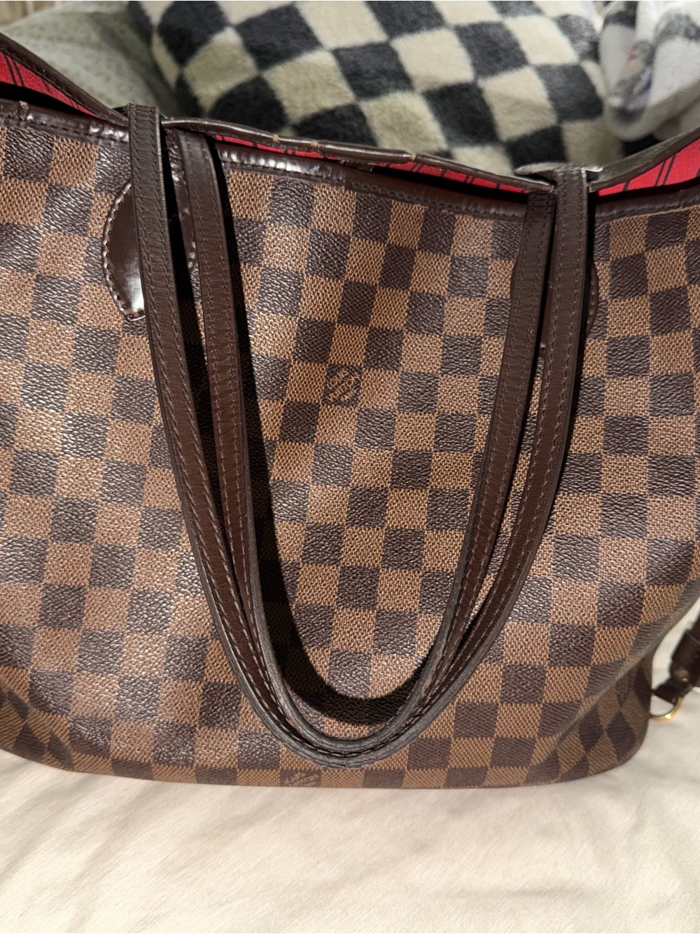 Louis Vuitton Brown Checkered Tote with Dark Trim and Red Lining Neverfull MM